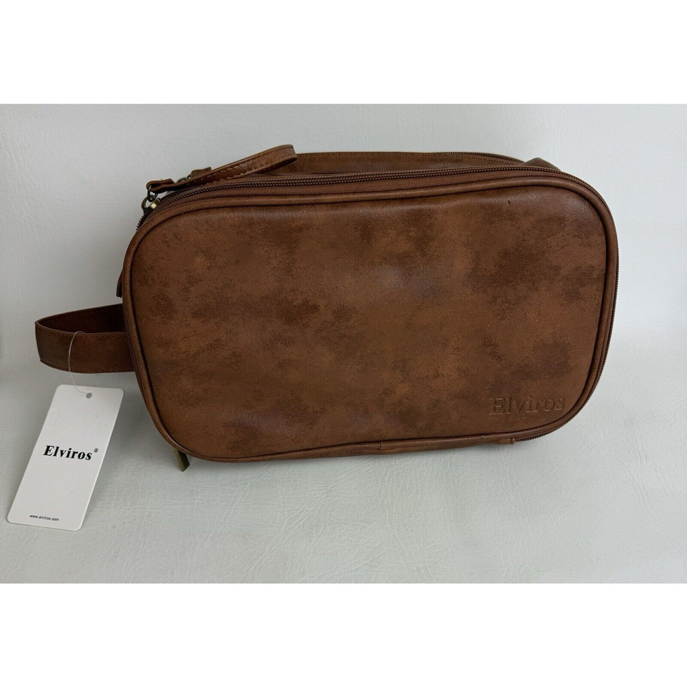 Elviros Men Toiletry Bag Water-Resistant PU Leather Travel‎ Dopp Shaving Kit New